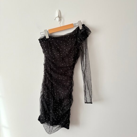 Zara Glitter Organza One Sleeve Mini Dress Black Size Small - Picture 7 of 10